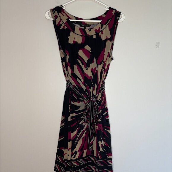 BCBGMAXAZRIA Dress Medium Tan Black Purple Midi Sleeveless Tie Waist Stretch - Picture 5 of 5